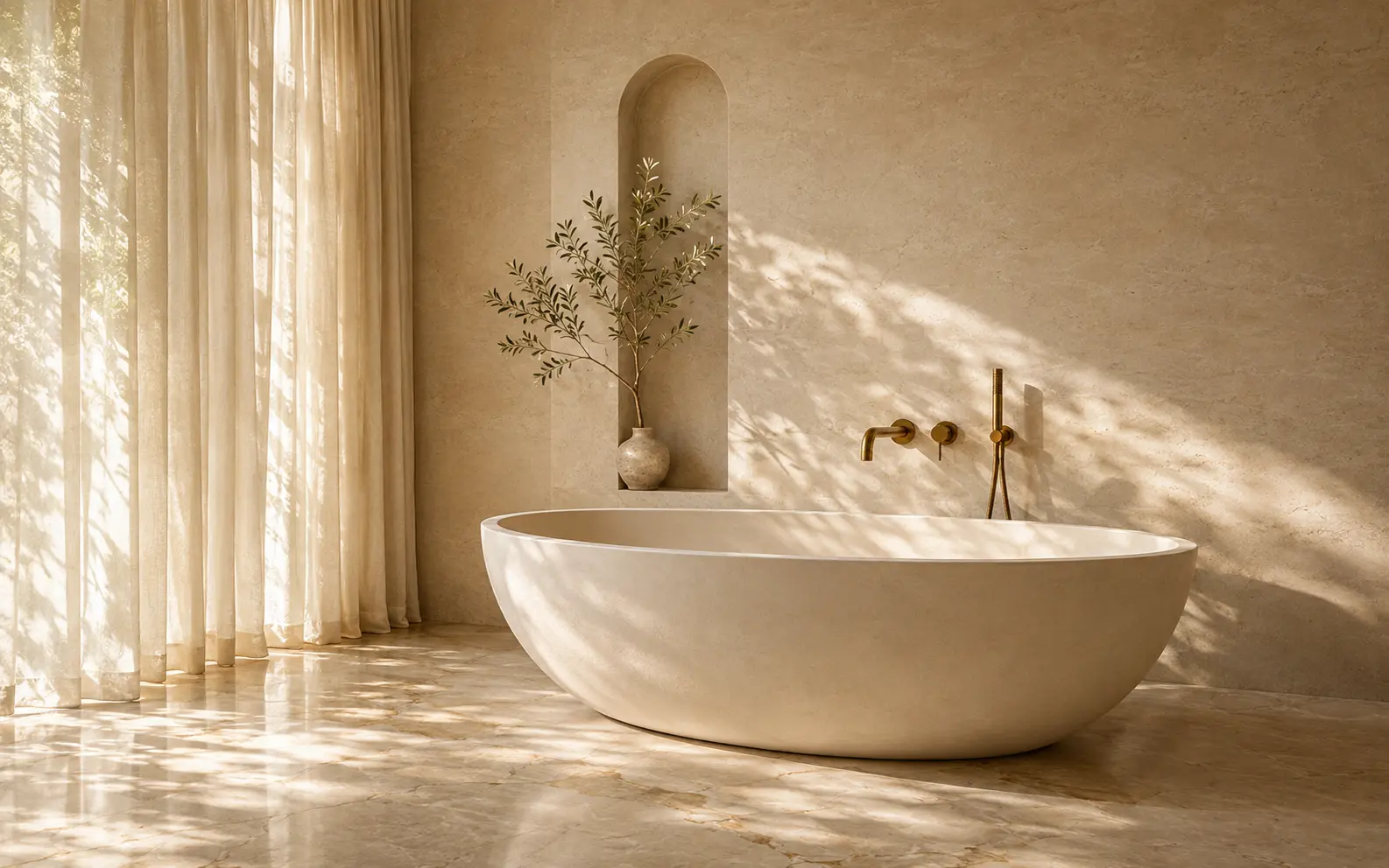 Luxury limestone bathroom with a sculptural freestanding tub, custom niche and brass fixtures